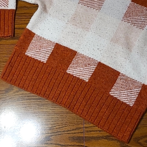 Burnt Orange Plaid Checkerboard Crewneck Sweater - Soft, Cozy, Fall - Picture 5 of 7